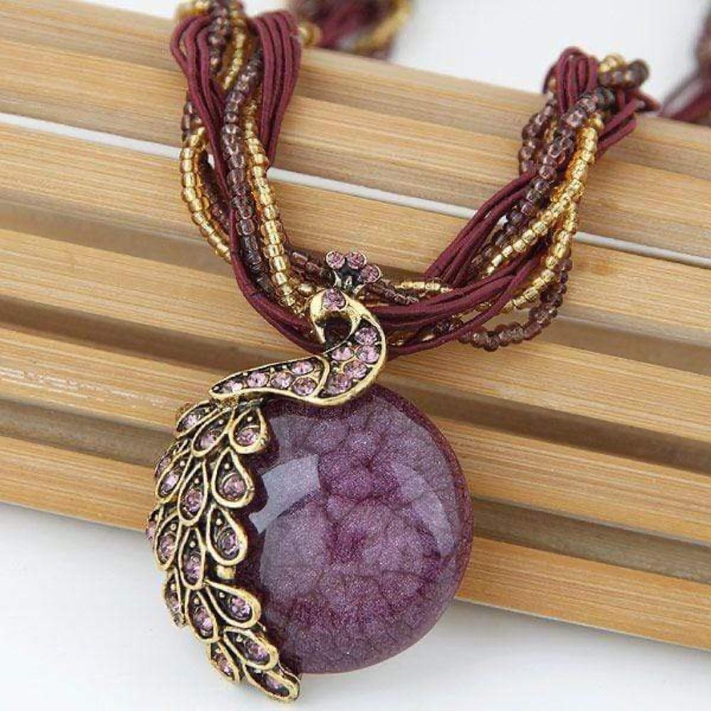 Womens Purple Beaded Glass Pendant‎ Necklace